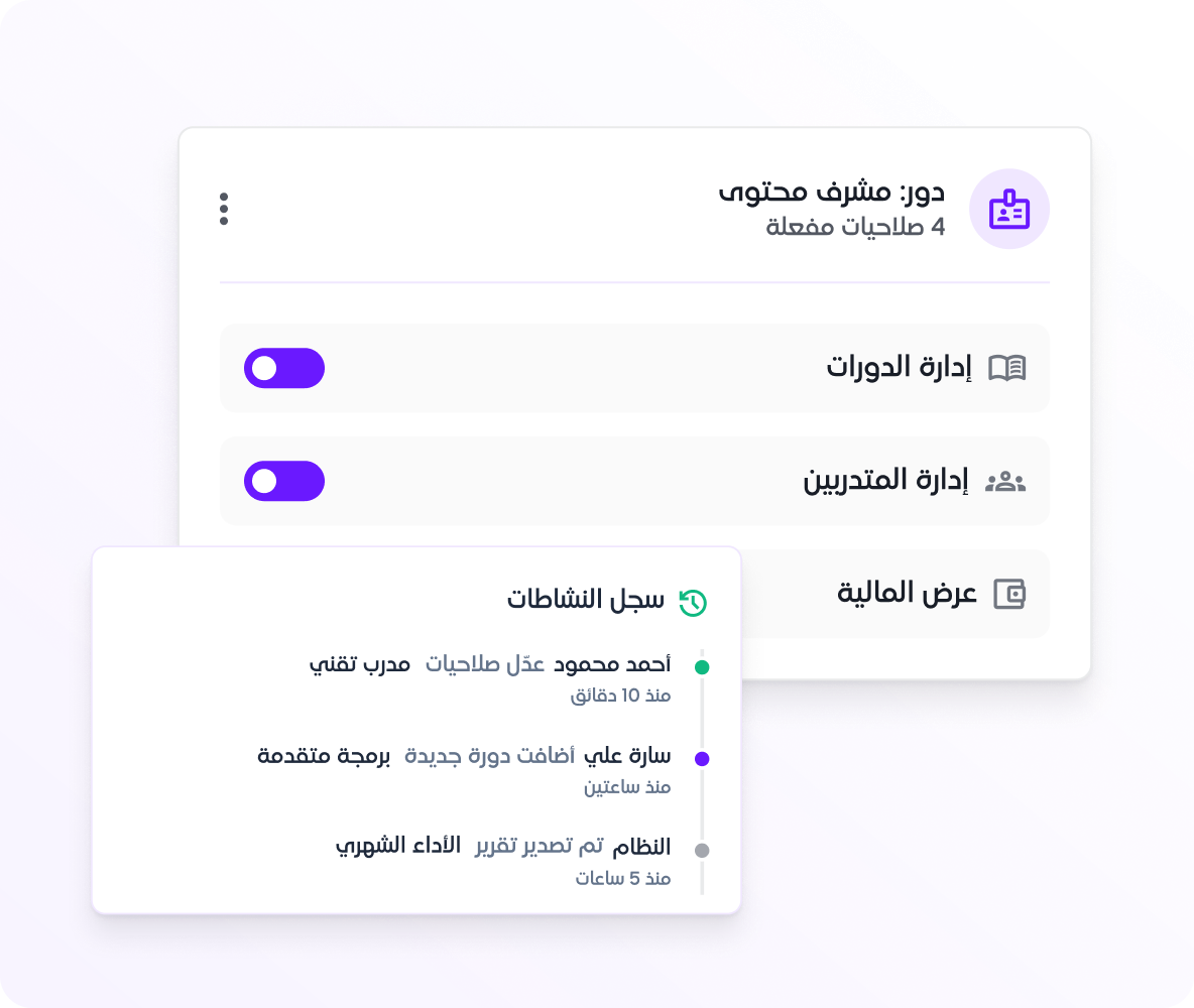إدارة الأدوار والصلاحيات وسجل النشاطات